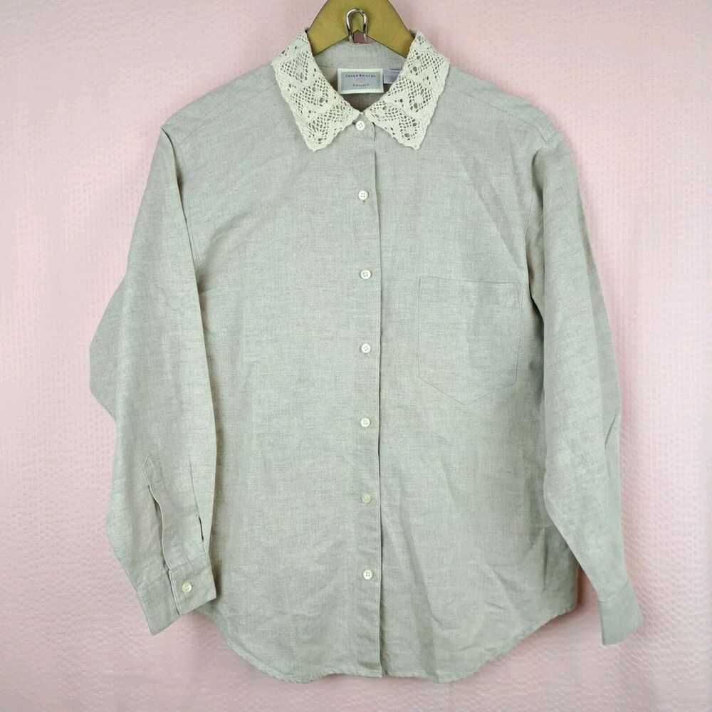 Vintage Susan Bristol Casuals Linen Blend Shirt Lace Crochet Collar Size PM